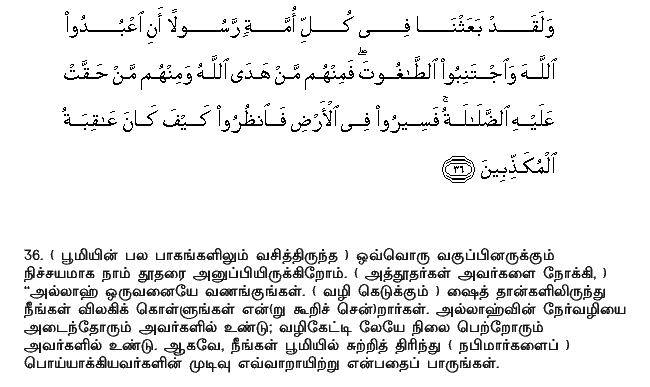 For We assuredly sent amongst every People an apostle, (with the Command), Serve Allah, and eschew Evil: of the People were some whom Allah guided, and some on whom error became inevitably (established). So travel through the earth, and see what was the end of those who denied (the Truth). - 16:36