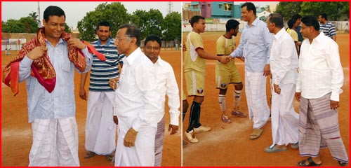 47th All India Foot Ball Tournament For Moulana Abul Kalam Azad Trophy Held At USC, Kayalpatnam On 24-05-2012. Chief Guest Haji HN Sadaqathullah, ETA-MELCO (South Asia Regional Director) escorted by Haji Pallack Ilyas and Janab Ahmed Salahuddin Buhary.