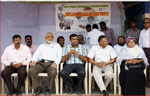Chief Guest Shri. Ashis Kumar, I.A.S., was watching Abul Kalam Azad 48th Year All India Football Tournament from the Peter Memorial Pavilion at United Sports Club. Mr.Xavier (District Sports Officer, Thoothukudi) was sitting next to Mr. Pallack Lebbe (President of USC)