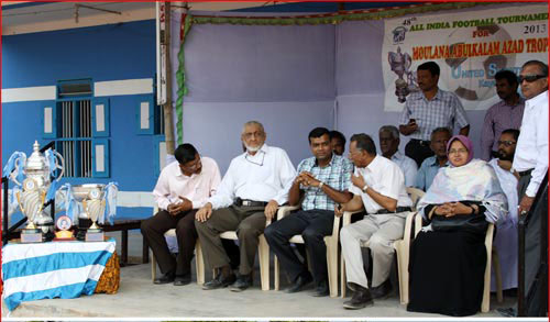 Chief Guest Shri. Ashis Kumar, I.A.S., was watching Abul Kalam Azad 48th Year All India Football Tournament from the Peter Memorial Pavilion at United Sports Club. Mr.Xavier (District Sports Officer, Thoothukudi) was sitting next to Mr. Pallack Lebbe (President of USC)